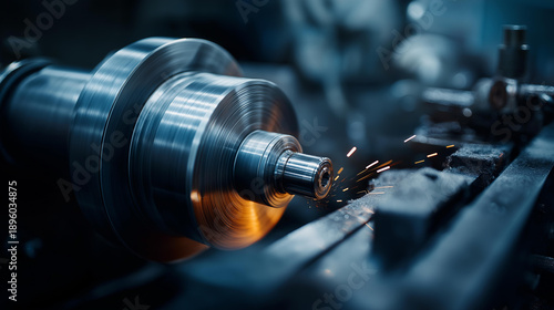 Close-up of turning lathe shaping metal cylinder component, machine shop, macro detail shot, dramatic sidelight, cinematic style, metal turning lathe, cylinder component machining