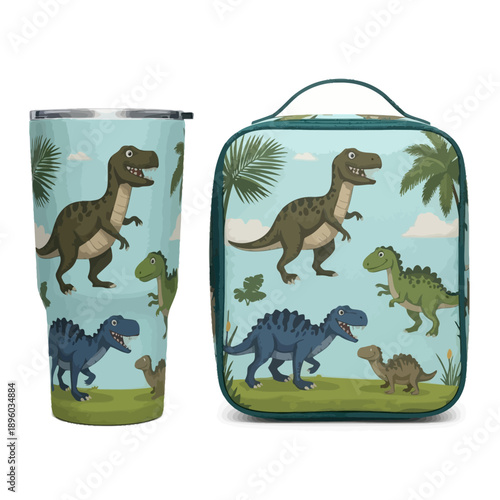 A matching set featuring a tumbler and lunch bag with dinosaur illustrations.