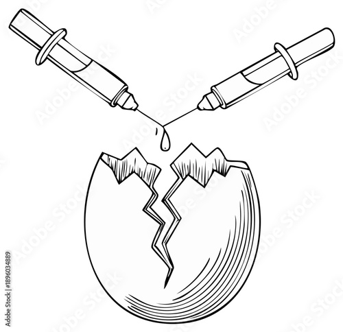 Illustration of broken egg with syringes injecting fluid concept of fragile beginning or vulnerability and intervention