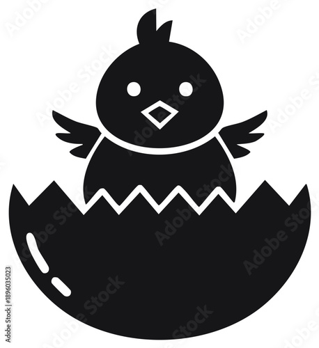 Newly hatched baby chicken in eggshell silhouette vector icon illustration