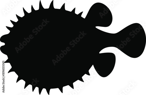 Pufferfish silhouette isolated on white background, black and white marine animal concept, spiky tropical fish, ocean wildlife symbol, minimal vector illustration