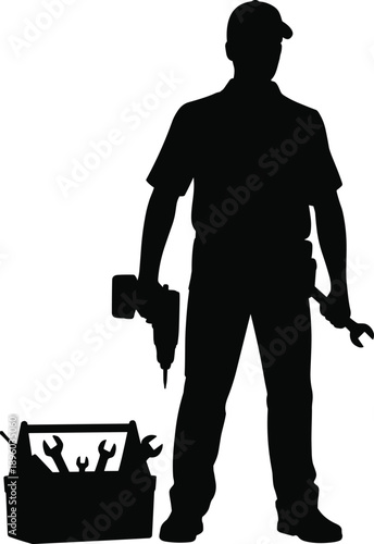 Repair technician silhouette holding drill and wrench, black and white maintenance concept, professional handyman with toolbox, industrial service, minimal vector illustration