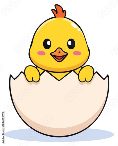Cartoon chick hatching from eggshell smiling happily