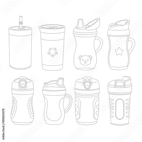 Outlined illustrations of various baby sippy cups and water bottles, perfect for design.