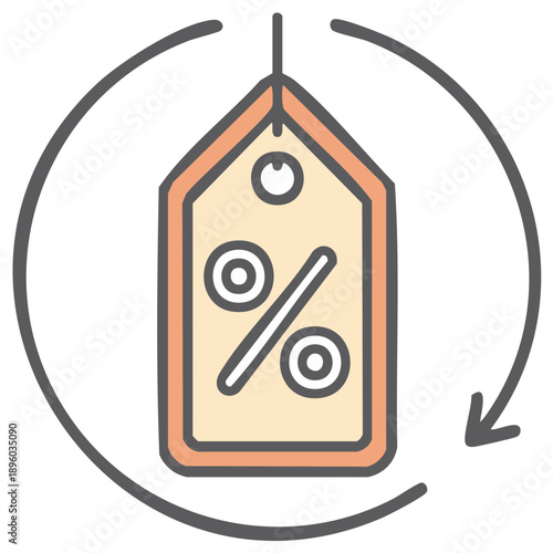 Retail sales discount tag with percentage symbol and circular arrow for return or rebate