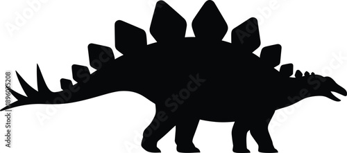 Stegosaurus dinosaur silhouette isolated on white background, black and white prehistoric animal concept, Jurassic reptile, extinct wildlife, minimal vector illustration