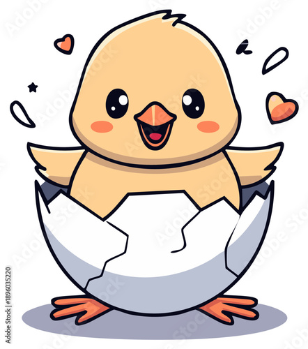 Cartoon illustration of a cute chick hatching from a cracked egg with hearts around it. Sweet baby chicken character. Spring birth announcement theme.