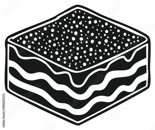 Stylized illustration of a layered dessert slice with frosting and sprinkles