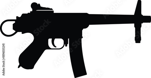Submachine gun silhouette isolated on white background, black and white weapon concept, military firearm, tactical equipment, modern defense illustration, minimal vector style