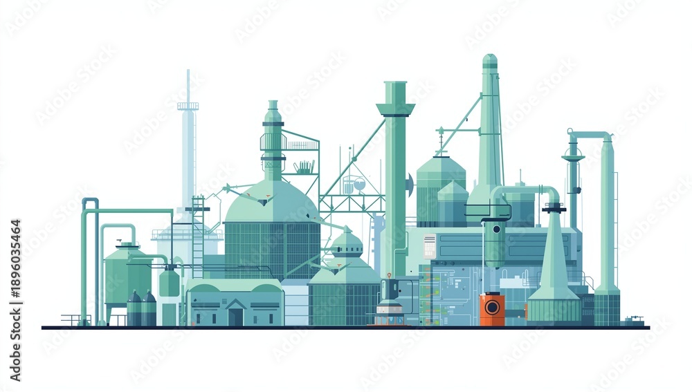 Fototapeta premium A detailed illustration of a modern industrial facility featuring green and blue machinery with tall chimneys and storage tanks against a white background
