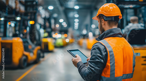 Young supervisor reviewing maintenance schedule on tablet, warehouse floor near forklift, over-shoulder view, cool corporate lighting, reportage style, maintenance schedule planning, forklift upkeep