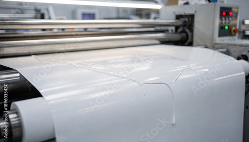 Detailed medium shot showcasing high gloss coating being evenly applied to enhance paper shine highlighting the reflective surface under factory lighting.