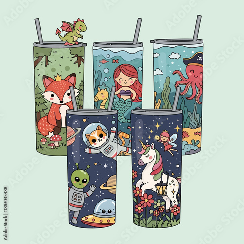 Collection of colorful cartoon-style tumblers with various fantasy and whimsical designs, perfect for beverages.