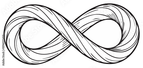 Infinity symbol illustration with engraved texture and black outline on white