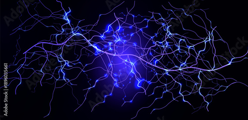 Lightning Thunderbolt Strike Black Night Background, Blue Glow Light Effect Thunder Bolt. Realistic Spark Lightening Discharge Burst, Electric Shock Current. Energy Charge Line. Vector Illustration.