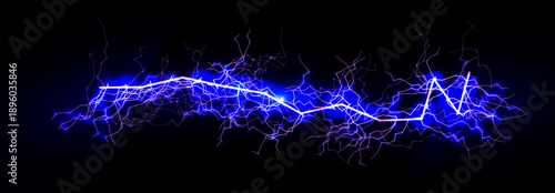 Lightning Thunderbolt Strike Black Night Background, Blue Glow Light Effect Thunder Bolt. Realistic Spark Lightening Discharge Burst, Electric Shock Current. Energy Charge Line. Vector Illustration.