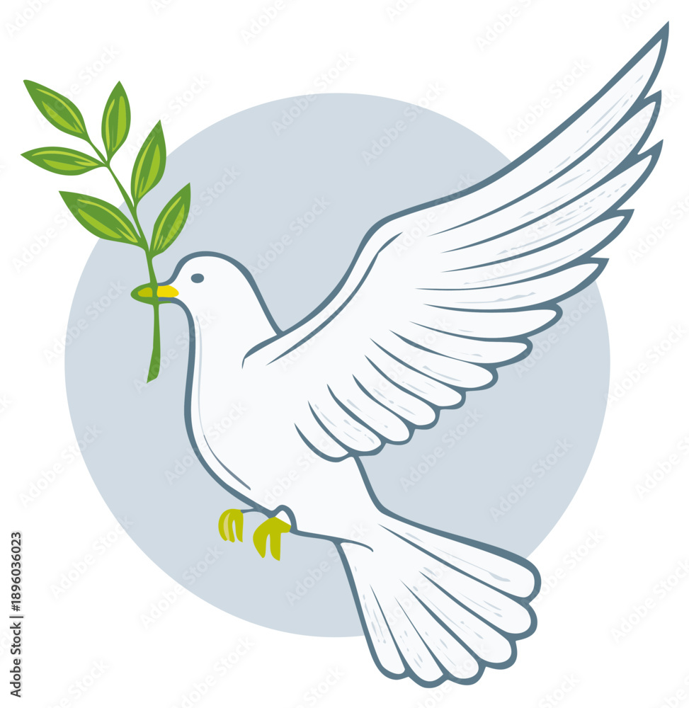 Obraz premium White bird in flight holding a leafy branch symbolizing peace, hope, forgiveness, new beginnings, and tranquility