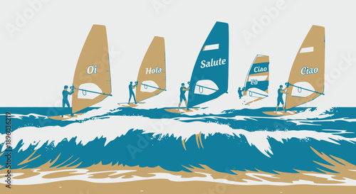 windsurfers ride ocean waves recreationally.