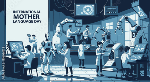 International Mother Language Day celebration in a modern technology lab with diverse people.