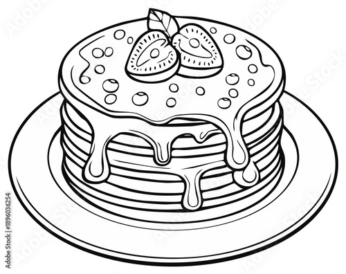 Stack of delicious pancakes topped with fresh strawberries and sweet syrup outline illustration