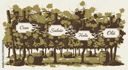 Vineyard scenery with wine barrels and grapes.