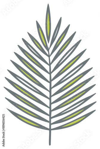 Stylized palm frond with grey and green abstract design, tropical foliage illustration