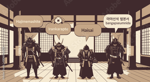 Samurai warriors in traditional Japanese room.