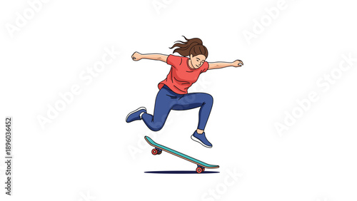 Active young woman in casual clothes performs a high jump on her skateboard against a clean white background in a street style.