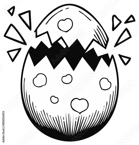 Cracked Easter egg with hearts, hand-drawn in black and white, shell pieces floating after hatching. A fresh start, holiday illustration