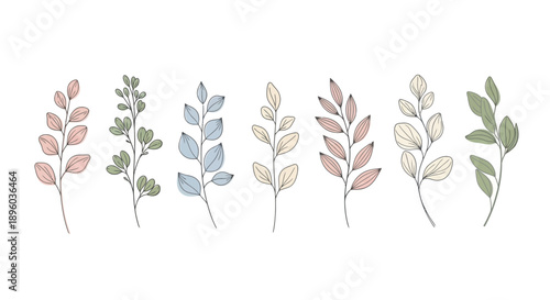 A collection of colorful leaves and branches illustrated in a minimalist style