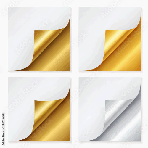 Collection of four square paper sheets with folded corners revealing metallic gold and silver surfaces