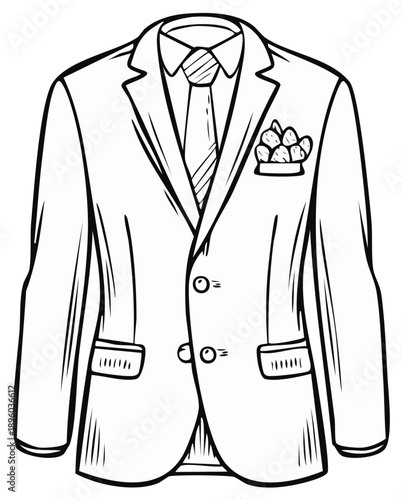 Classic men's formal suit jacket with patterned tie and pocket square minimalist line art
