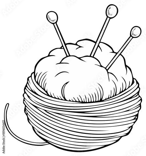 Wool Ball with Knitting Needles Illustration, Line Art, Crafts, Needlework, Handmade