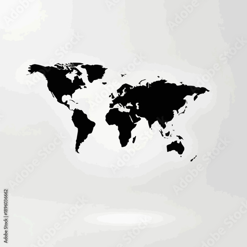 A detailed black silhouette world map representation showcasing all continents with a subtle gradient background