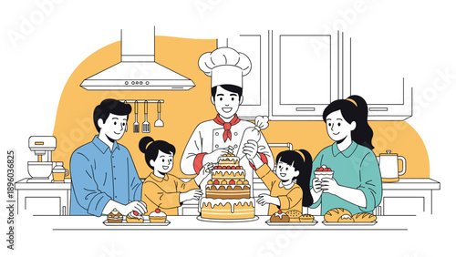 Professional chef helps a happy family with two children decorate a large tiered cake in a modern kitchen with various pastries.