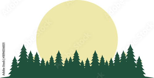 Pine Forest Tree Line Silhouette Against Moon or Sun