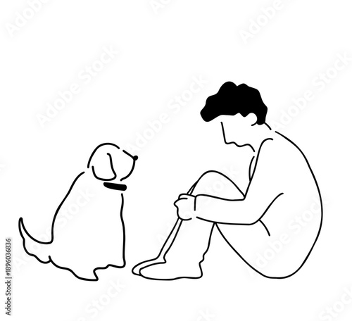 膝を抱える男性と犬の線画イラスト