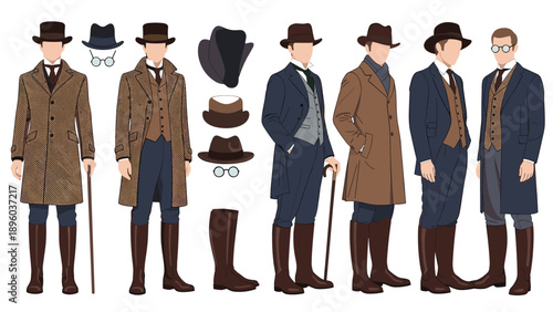 Set of sophisticated men dressed in traditional Victorian or Edwardian style winter coats, hats, and boots for a historical look.