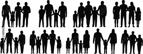 Set of Flat Vector Family Silhouettes with Parents and Children in Various Group Poses Isolated on White Background for Design