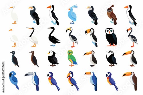 Colorful collection of toucans and puffins in various poses and designs