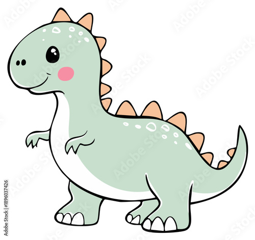 Cute Cartoon Dinosaur Character with Pink Cheek Standing on White Background
