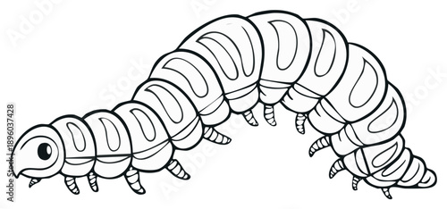 Cute cartoon caterpillar grub with segmented body and legs in a crawling pose outline illustration