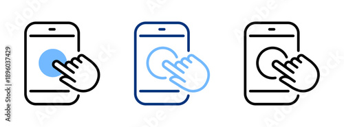 Phone click icon set. Mobile, telephone black blue line icons. Finger clicking sign. Vector illustration. Flat design. Isolated on a white background. Editable stroke.