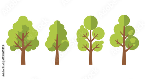 Stylized illustration of four different green trees in a row