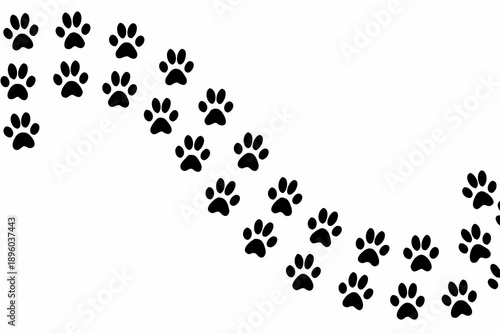 A winding trail of black paw prints on a white background