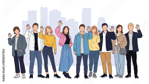 Diverse group of stylish young men and women standing together and waving towards the viewer against a simple city background.