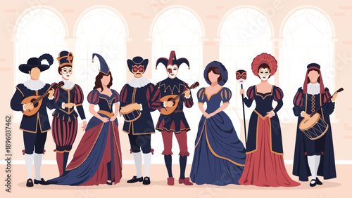 Elegant group of people dressed in traditional medieval or renaissance masquerade ball costumes and masks holding musical instruments.