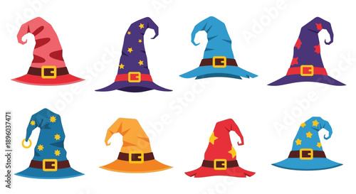 Colorful wizard hats with belts and decorative elements in a grid pattern