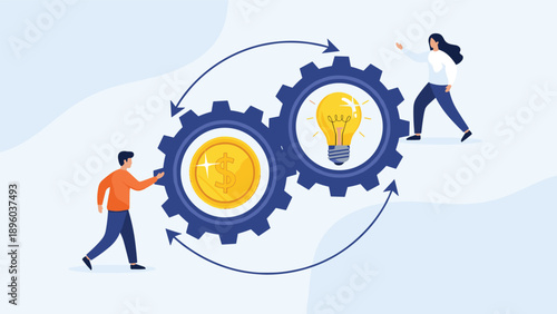 Two business professionals turning large interconnected gears containing a gold coin and a light bulb to symbolize innovation and profit.