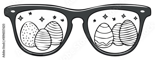 Retro sunglasses reflecting decorative Easter eggs and stars